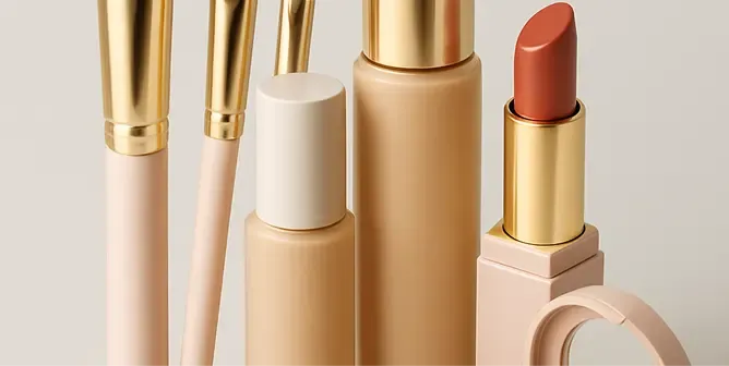 Makeup brushes, foundation bottles, coral lipstick, and a pink compact mirror.