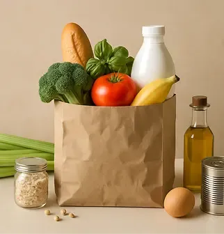 A brown paper grocery bag overflows with fresh vegetables, fruit, milk, and bread.