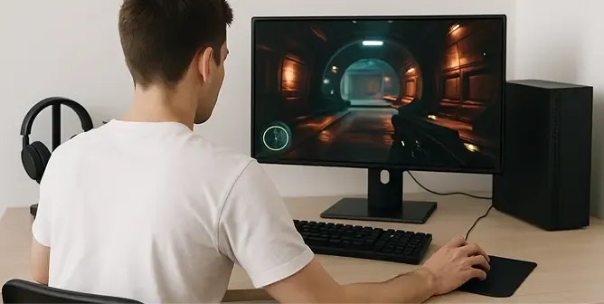 Man plays a video game on a desktop computer, navigating a futuristic environment.