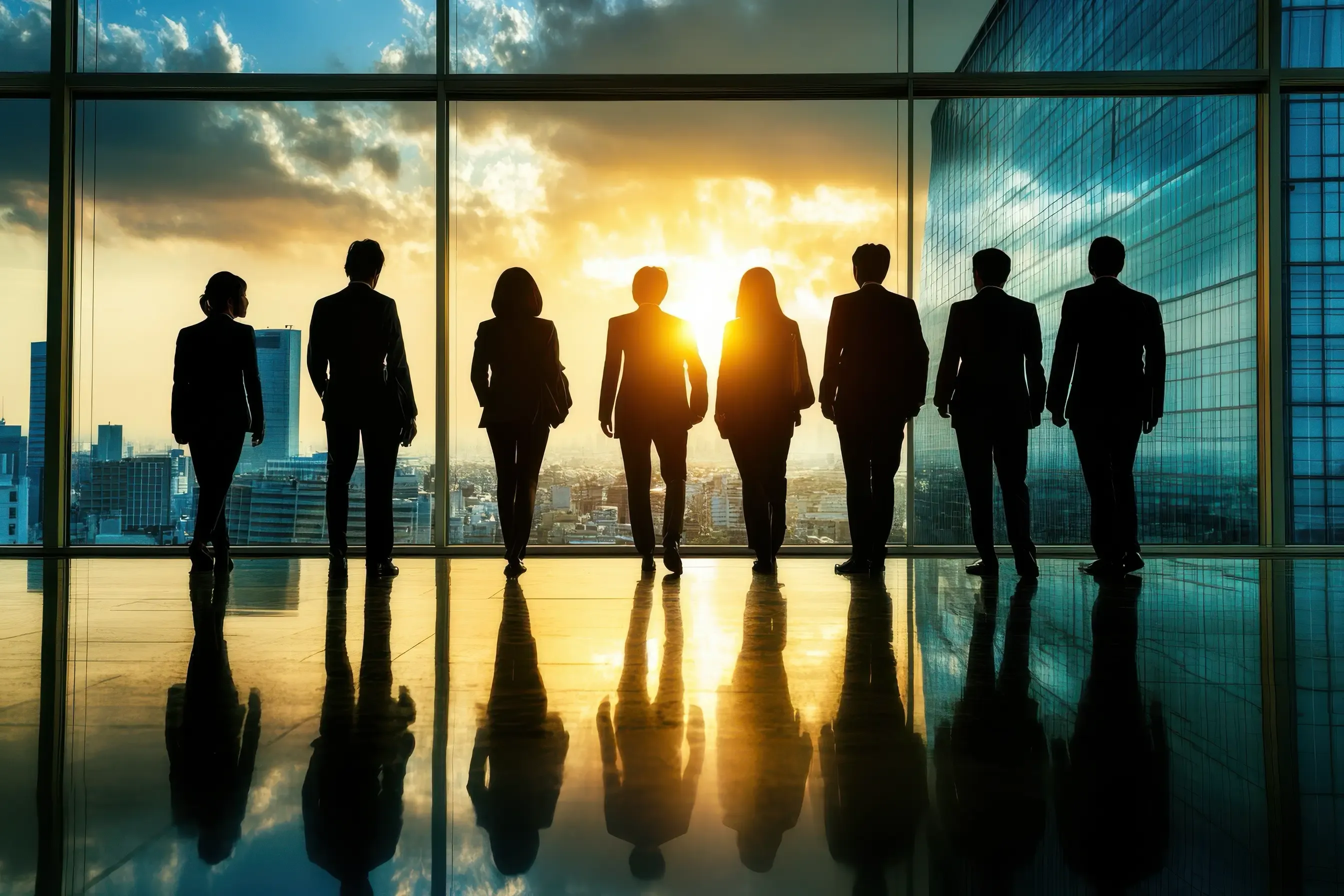 Seven business professionals silhouetted against a vibrant sunset over a city skyline through large windows.