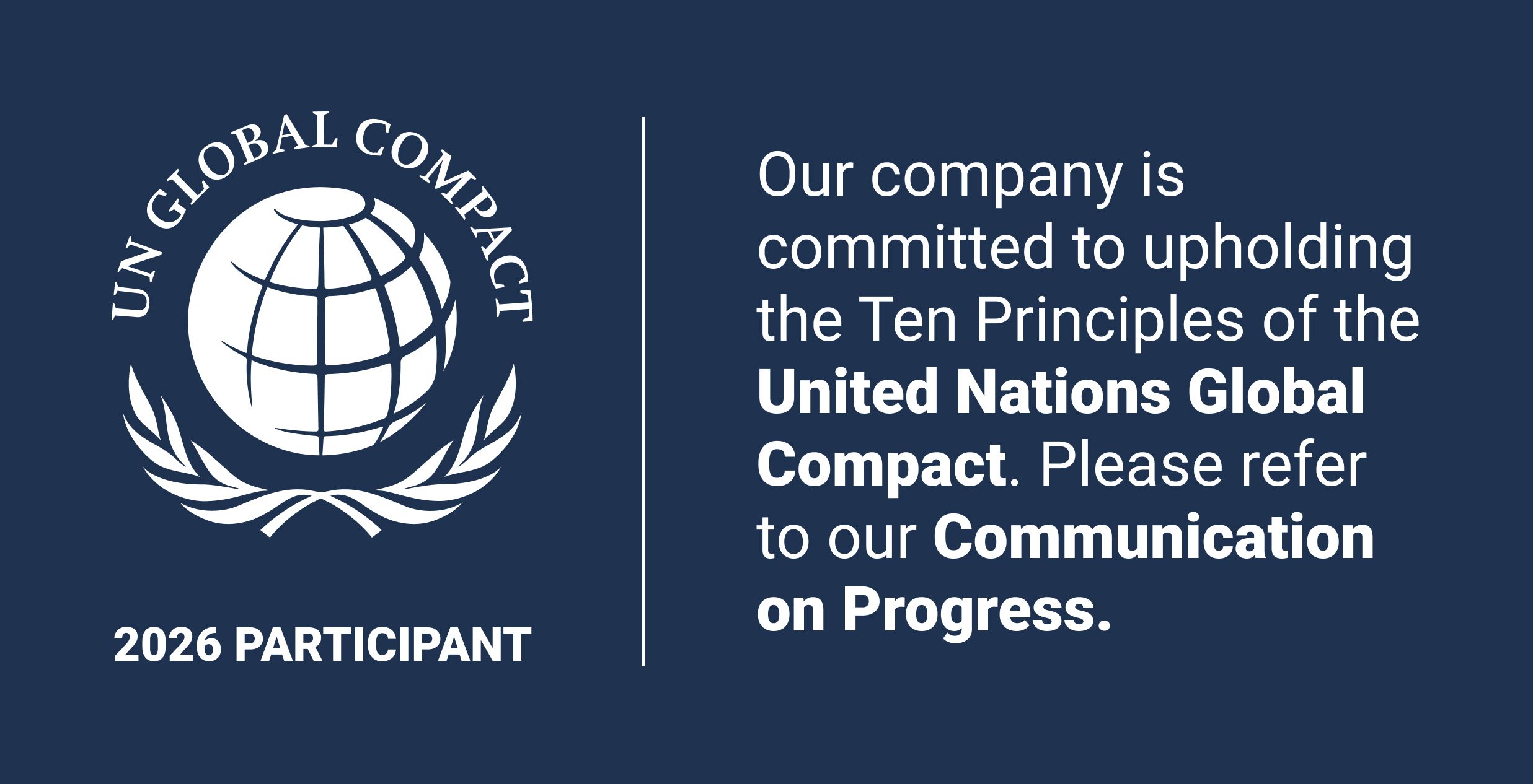 UN Global Compact logo alongside text stating commitment to its Ten Principles, as a 2026 participant.