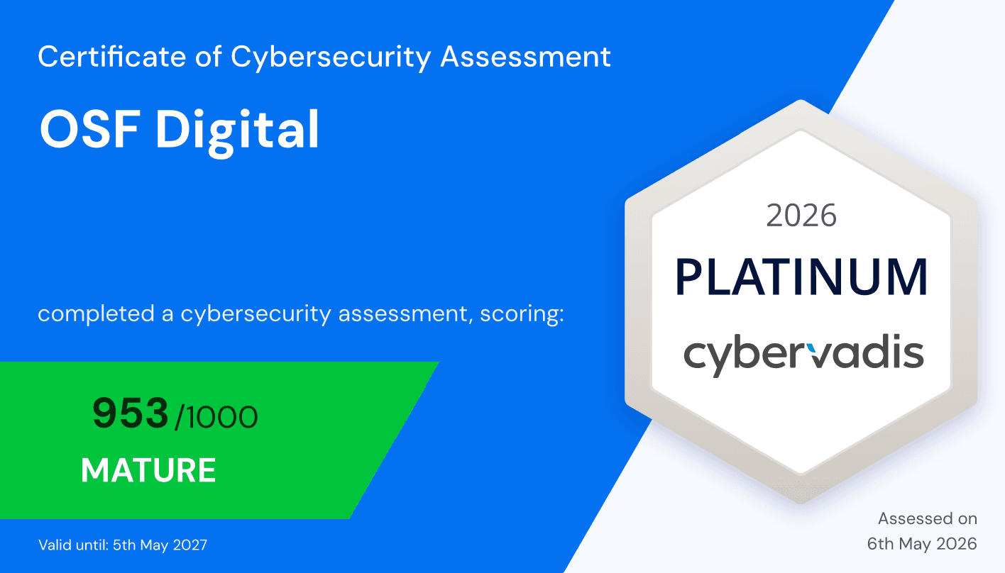OSF Digital's CyberVadis Platinum cybersecurity assessment certificate with a 953/1000 score.