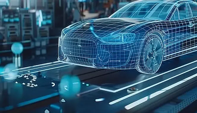 Wireframe model of a futuristic car on a glowing digital circuit board.