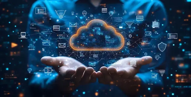 Hands holding a glowing orange cloud icon surrounded by digital network and data symbols.