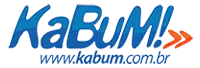 KaBuM! logo in blue with orange exclamation marks and "www.kabum.com.br" website.