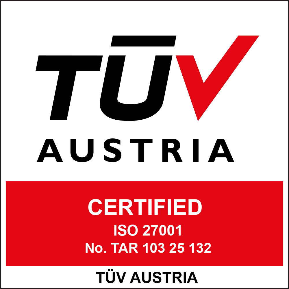 TÜV AUSTRIA certified ISO 27001 logo with certification number TAR 103 25 132.