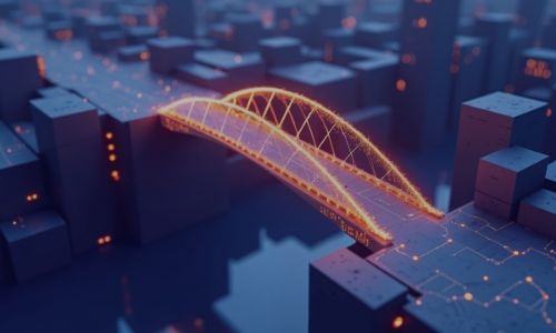 A futuristic digital city at night with a glowing orange-gold bridge connecting blocks.