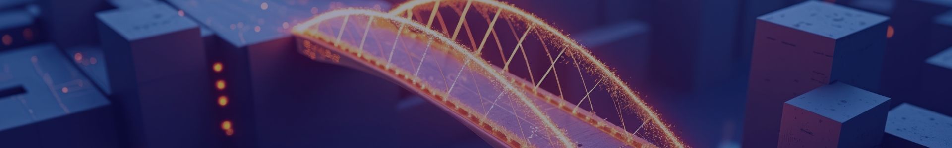 Abstract cityscape with glowing orange-purple arched energy pathways connecting dark blue buildings.