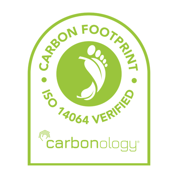 Green 'CARBON FOOTPRINT ISO 14064 VERIFIED' logo with a footprint and leaf graphic by Carbonology.