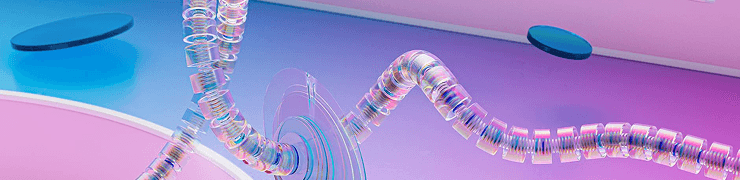 A clear segmented tube winds across a pink and blue gradient, connected to circular elements.