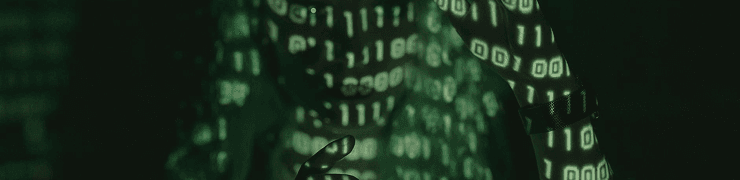 Person shrouded in glowing green binary code digits, representing digital data.