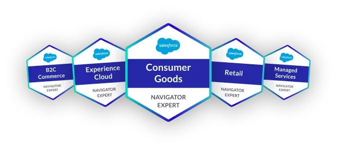 Salesforce Navigator badges for B2C Commerce, Experience Cloud, Consumer Goods, Retail, and Managed Services.