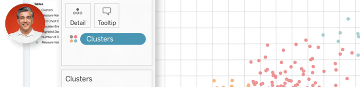 Software interface: user profile, 'Clusters' button, and a scatter plot visualization with colored points.