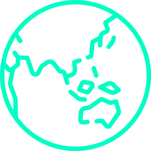 Teal outline of a globe icon showing Australia and parts of Asia.