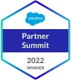 Salesforce Partner Summit 2022 Winner badge with blue and white hexagon.