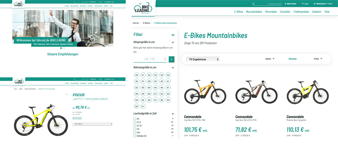 Website showing various E-Mountainbikes with filter options, product listings, and prices.