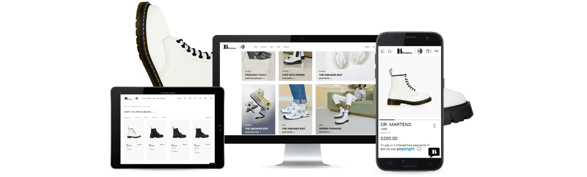 E-commerce website displaying shoes across a tablet, desktop monitor, and smartphone.