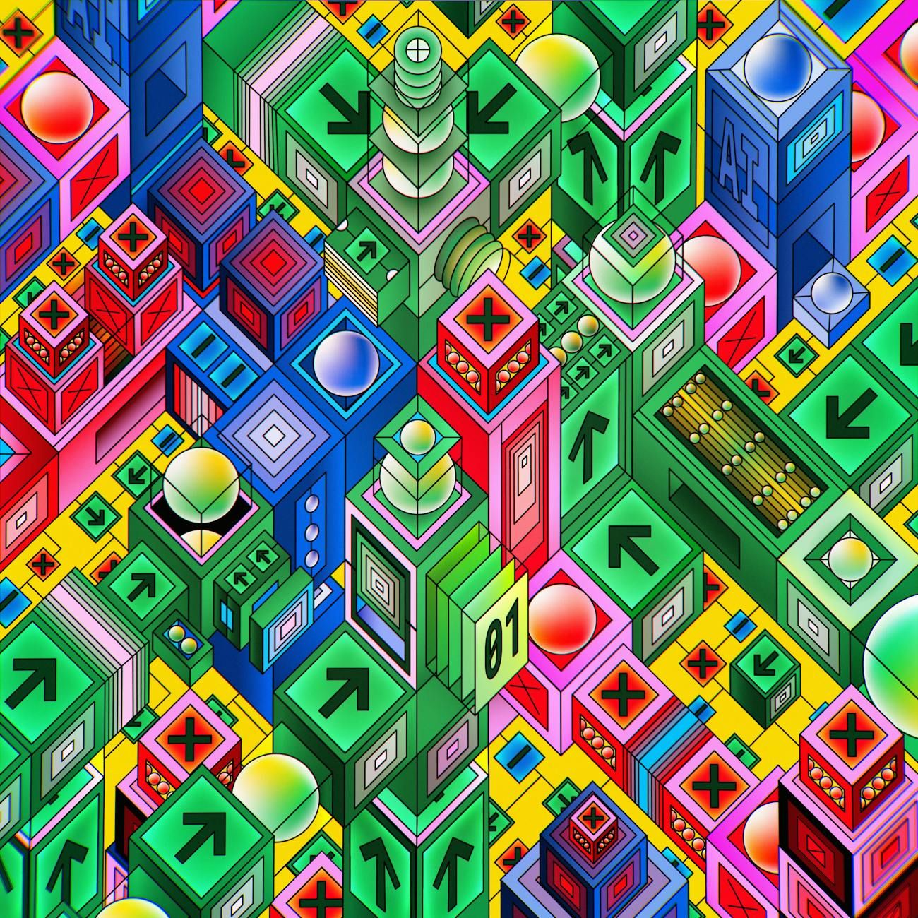 Isometric digital cityscape with colorful blocks, glowing elements, and directional arrows.