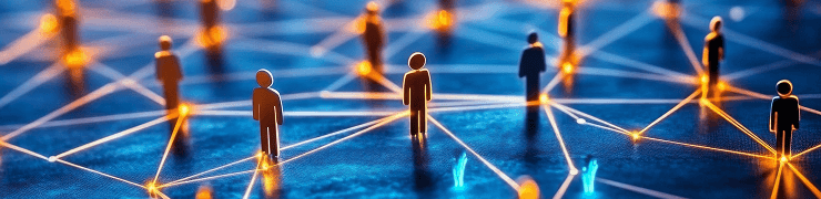 Stylized human figures on a blue grid, connected by glowing orange and blue lines.
