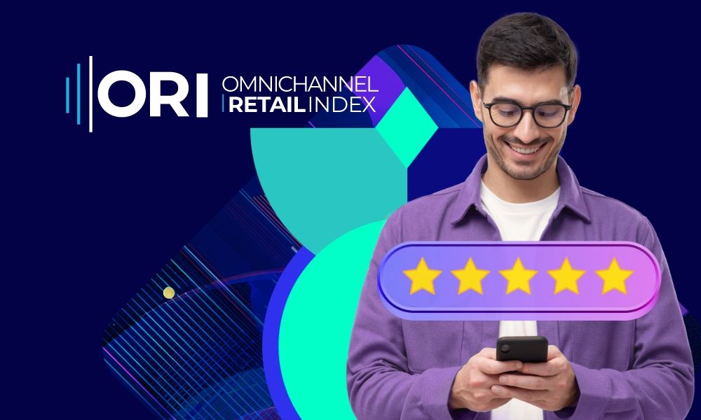Man on smartphone with five-star review ratings, featuring ORI Omnichannel RetailIndex logo.