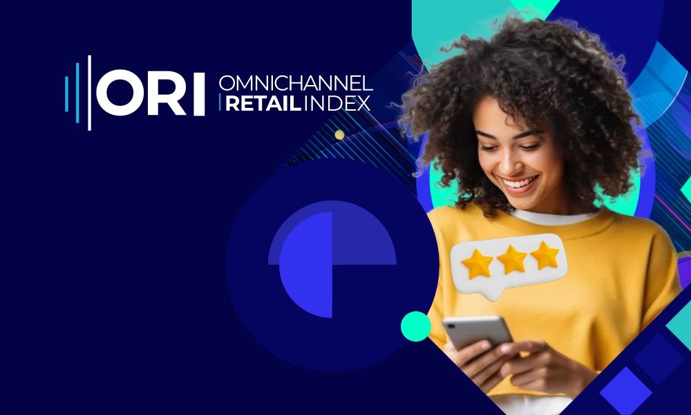 Smiling woman rating on phone, with ORI Omnichannel Retail Index logo and abstract background.