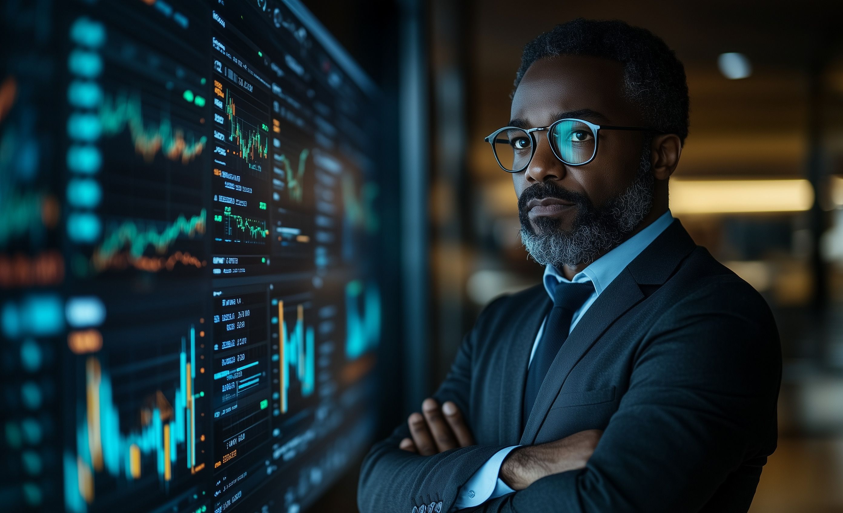 Man in suit and glasses stands by a large screen displaying complex financial data charts.