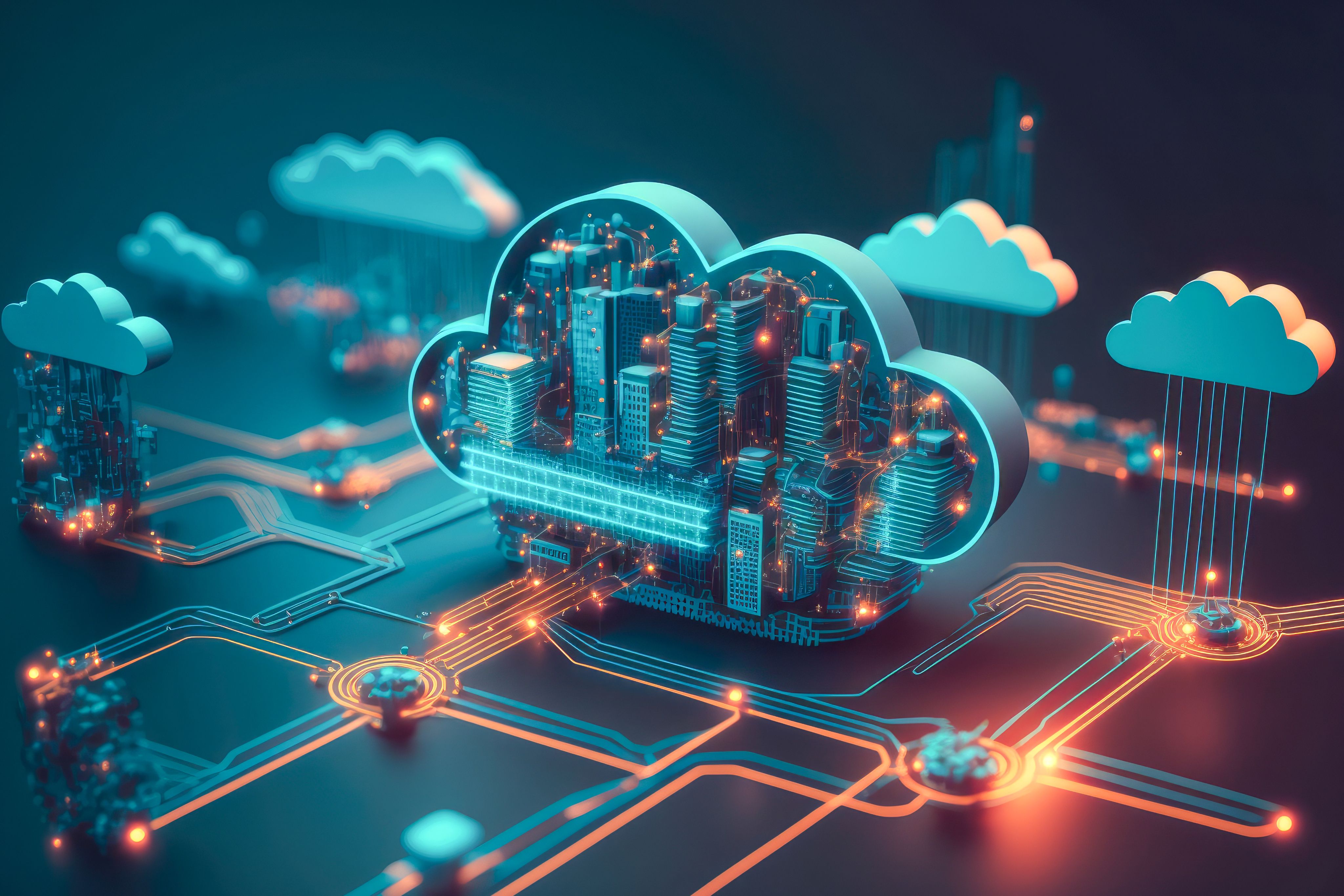 3D cloud icon with cityscape inside, connected by glowing circuit board lines, symbolizing cloud infrastructure.