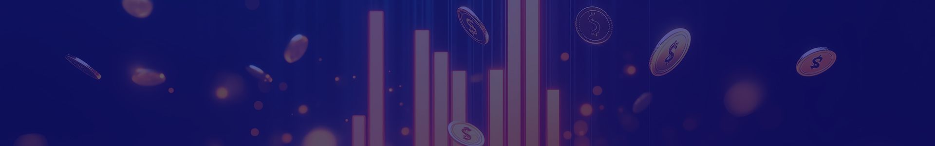 Abstract dark blue background with glowing vertical reddish-orange bars and scattered light circles.