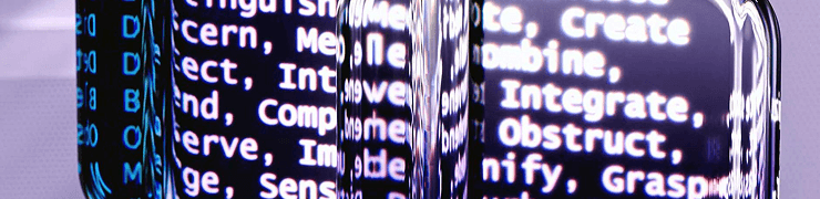 Reflective digital blocks display words like 'Integrate', 'Combine', and 'Sense' on a purple background.