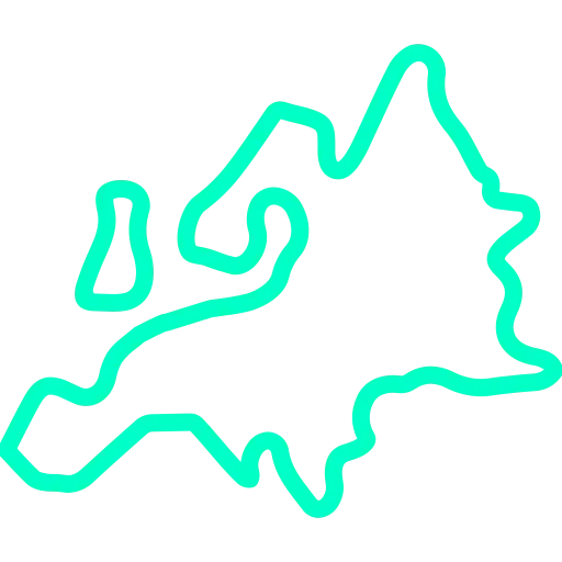 Neon green outline map of Europe on a black background.