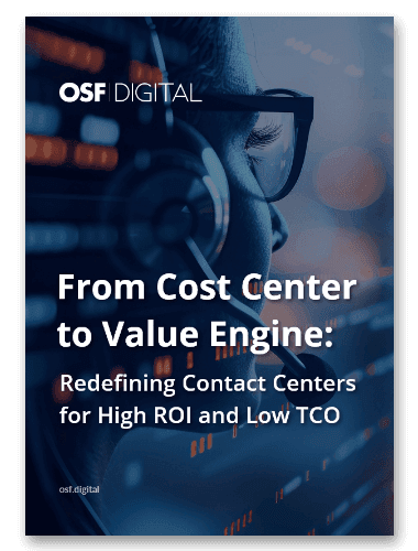 Cover of 'From Cost Center to Value Engine' guide, showing a person with a headset.