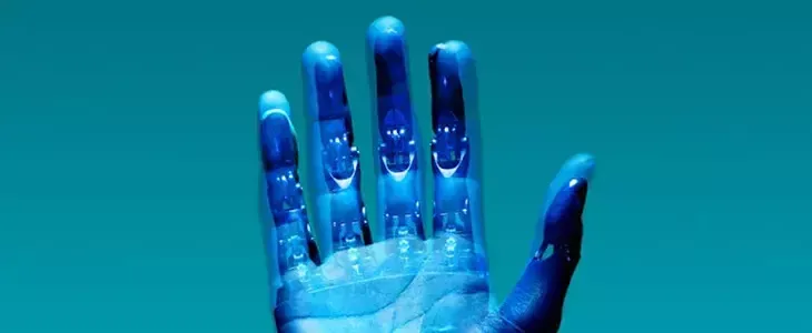Blue, translucent robotic hand with visible internal components against a teal background.
