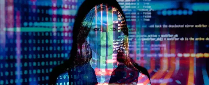 Woman's face overlaid with digital code and glowing data patterns, representing technology and AI.