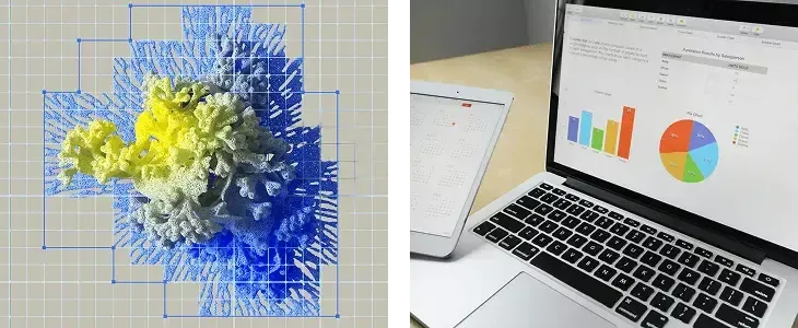 Scientific visualization of a complex structure next to a laptop showing data analysis charts.