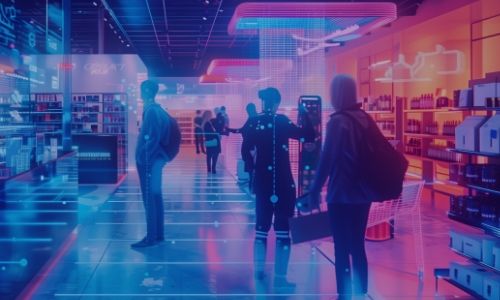 People in a futuristic retail store with glowing blue and purple digital data overlays.