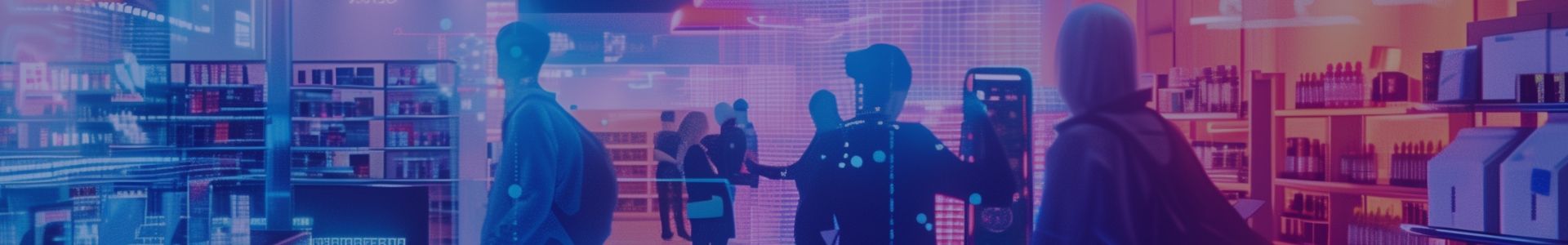 Blurred silhouettes in a futuristic, neon blue and purple illuminated digital space.