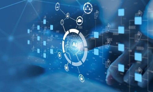 Hand interacts with a glowing AI network interface, showing interconnected data nodes and technology icons.