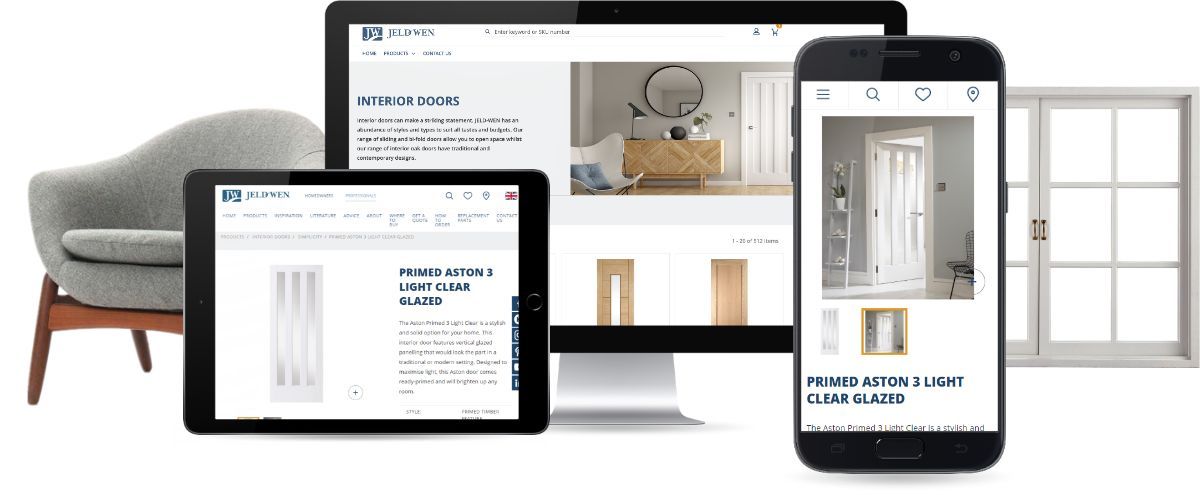 Responsive web design shown on a desktop, tablet, and smartphone with home furnishing products.