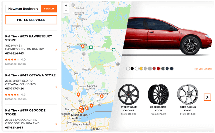 Interactive interface displays tire store locations, a map, and car with tire options.