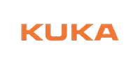 Orange block letter 'KUKA' logo on a black background.