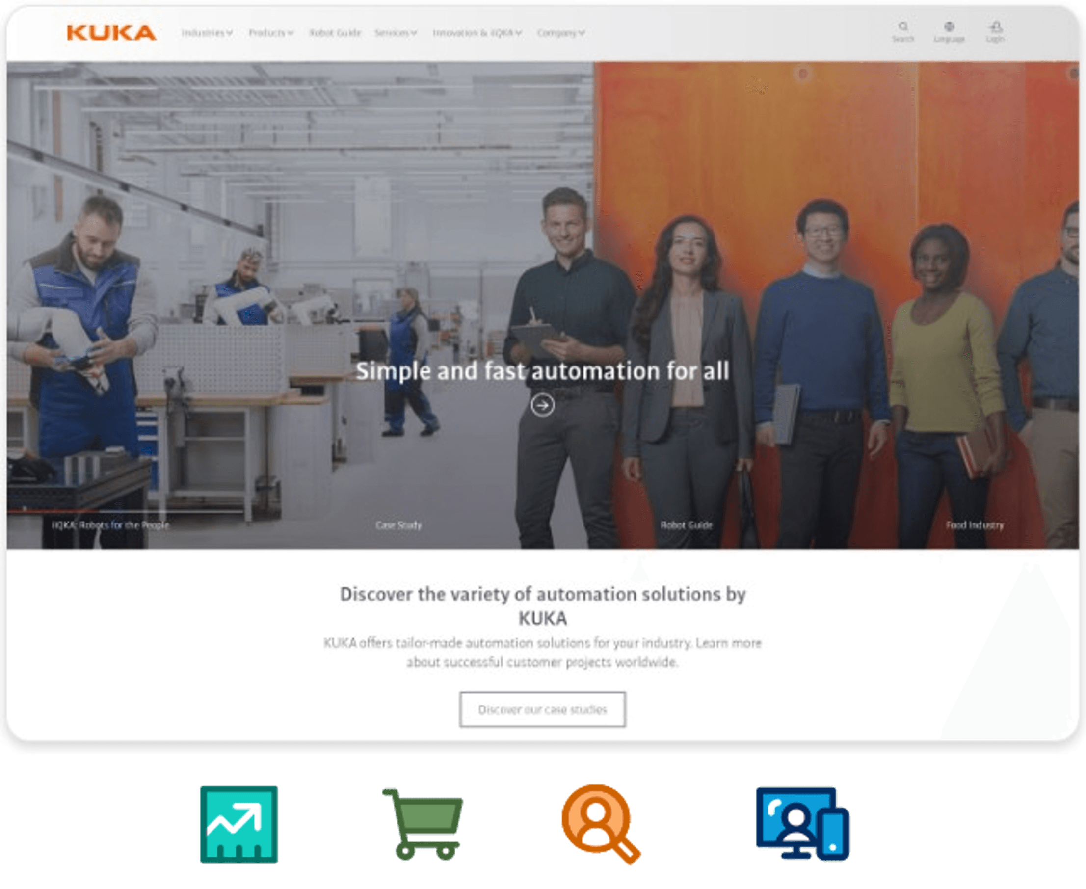 KUKA website displays factory workers and a diverse team, promoting 'Simple and fast automation for all'.