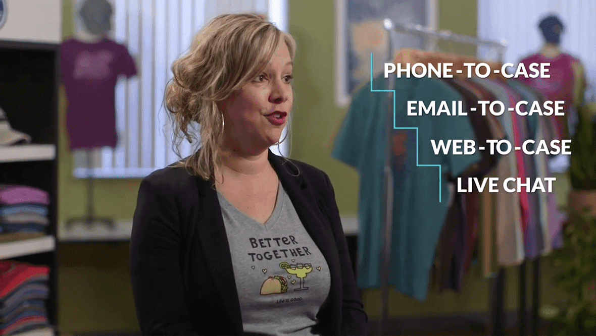 Woman in 'Better Together' shirt speaks, beside a list of customer service channels.