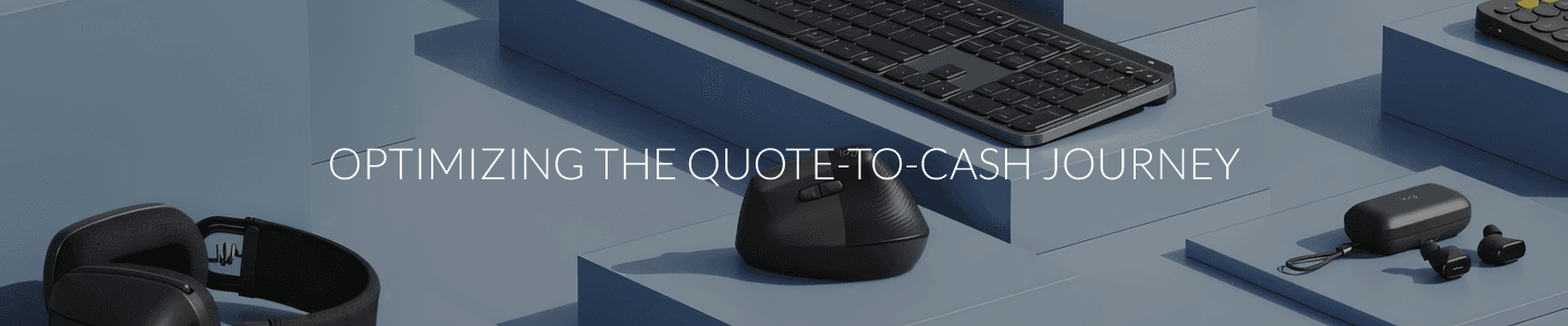Text: OPTIMIZING THE QUOTE TO CASH JOURNEY, with various black tech devices.