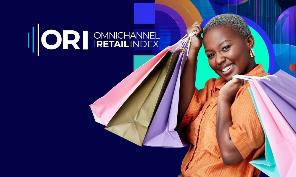 Happy woman holding several colorful shopping bags, alongside the ORI Omnichannel RetailIndex logo.