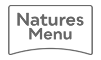Natures Menu logo in dark grey text on a black background within a border.