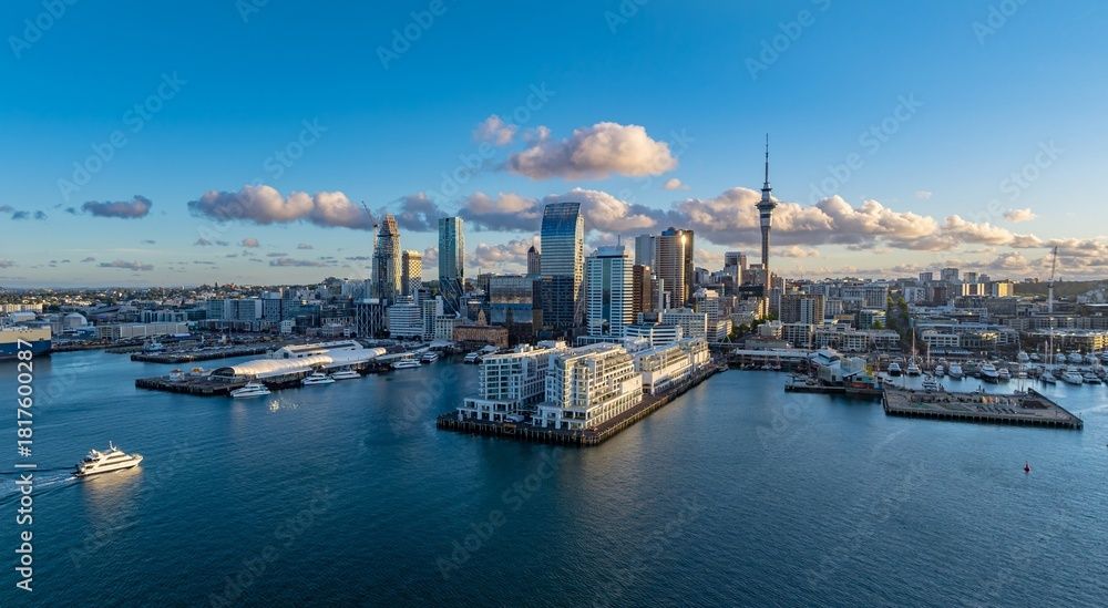 Panoramic aerial view of Auckland city skyline, harbor, and boats under blue sky.