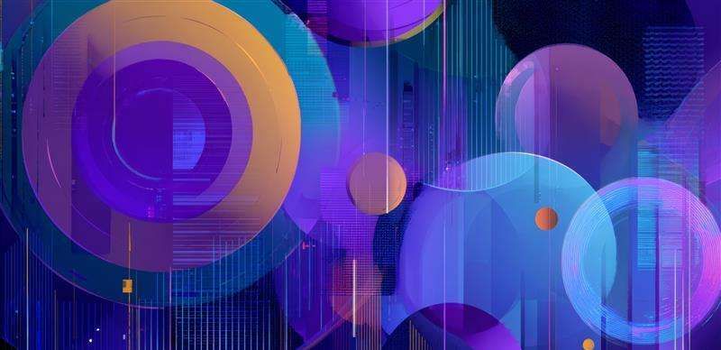 Abstract composition of overlapping circles and spheres in vibrant purple, blue, and gold.