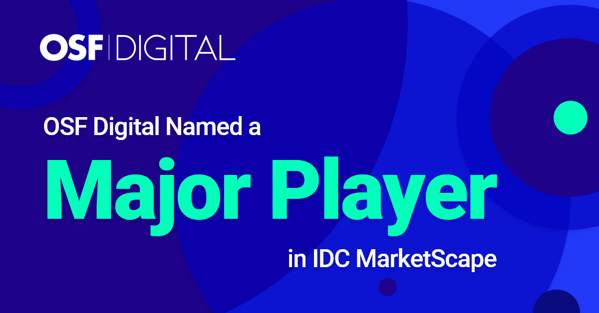 OSF Digital is named a Major Player in IDC MarketScape, displayed on a blue background.