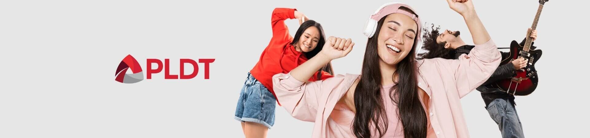Three young people dancing and playing an electric guitar, with the PLDT logo visible.