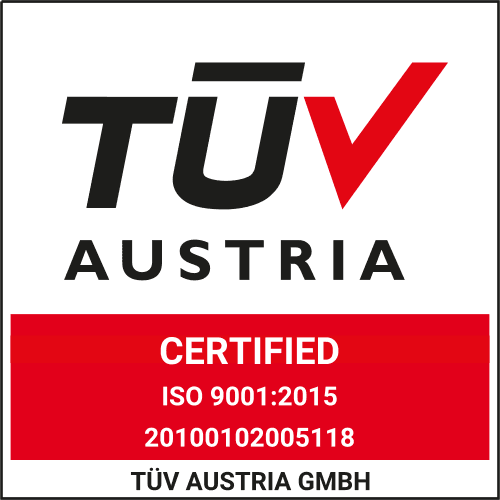 TÜV Austria Certified ISO 9001:2015 quality management system logo.
